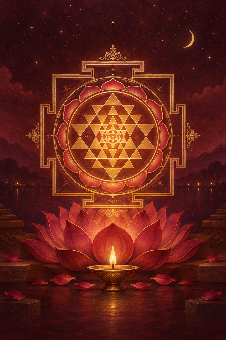 Sri Yantra with lotus and diya, inspired by Maa Tripura Sundari